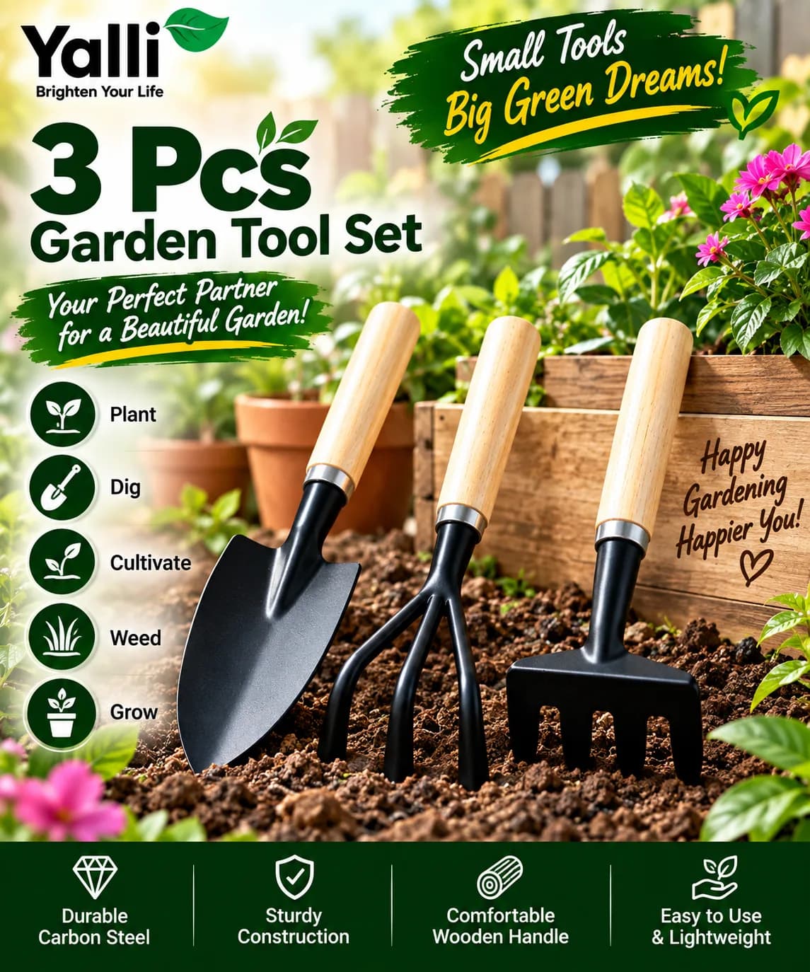3 Pcs Garden Tool Set – Hand Trowel, Cultivator & Garden Fork