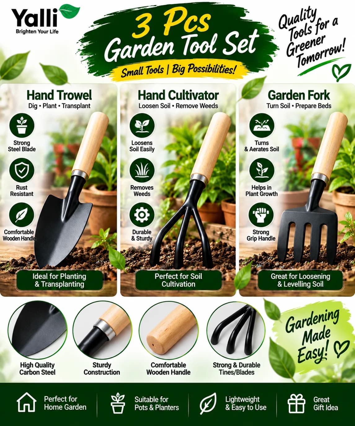 3 Pcs Garden Tool Set – Hand Trowel, Cultivator & Garden Fork 2