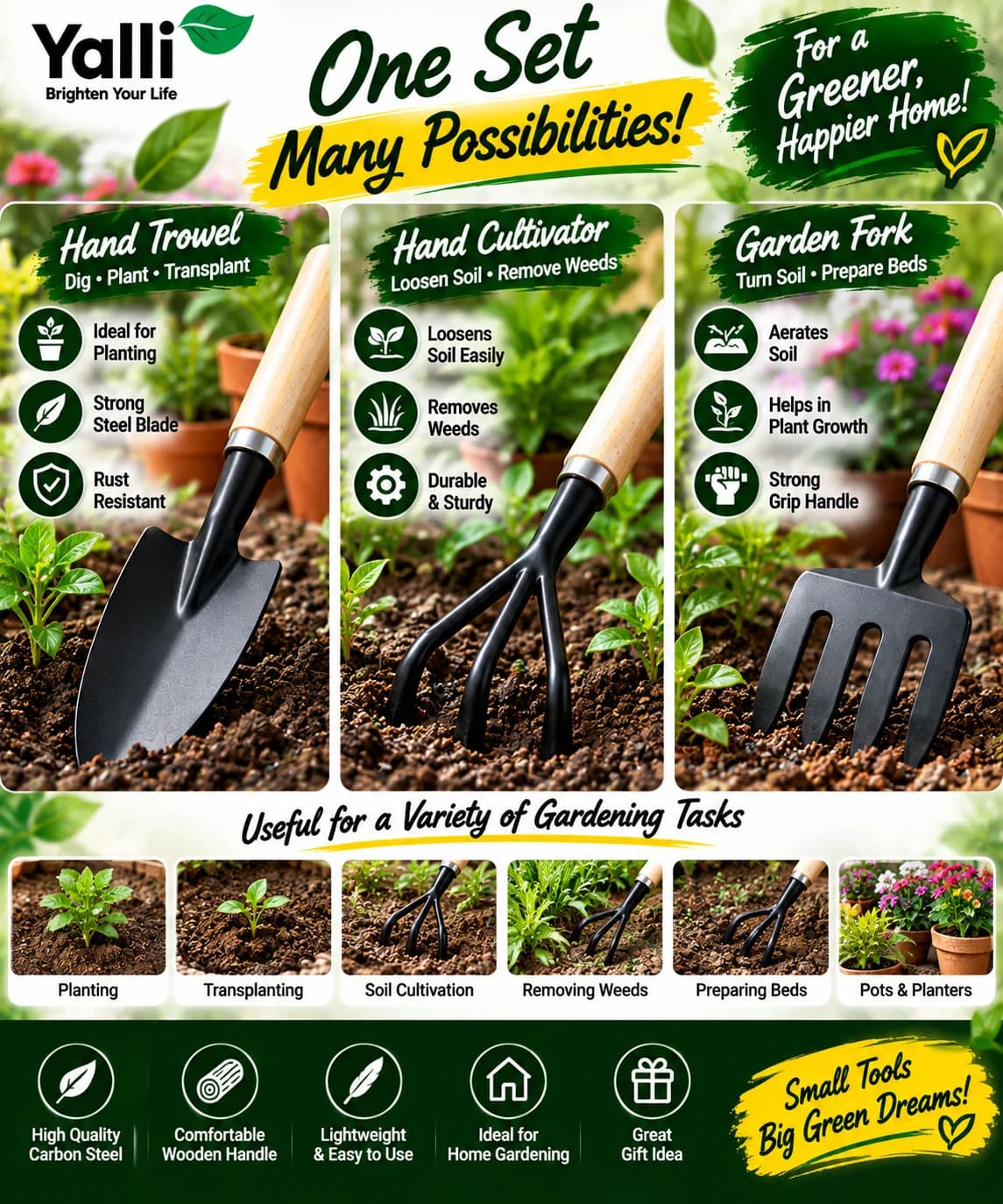 3 Pcs Garden Tool Set – Hand Trowel, Cultivator & Garden Fork 3