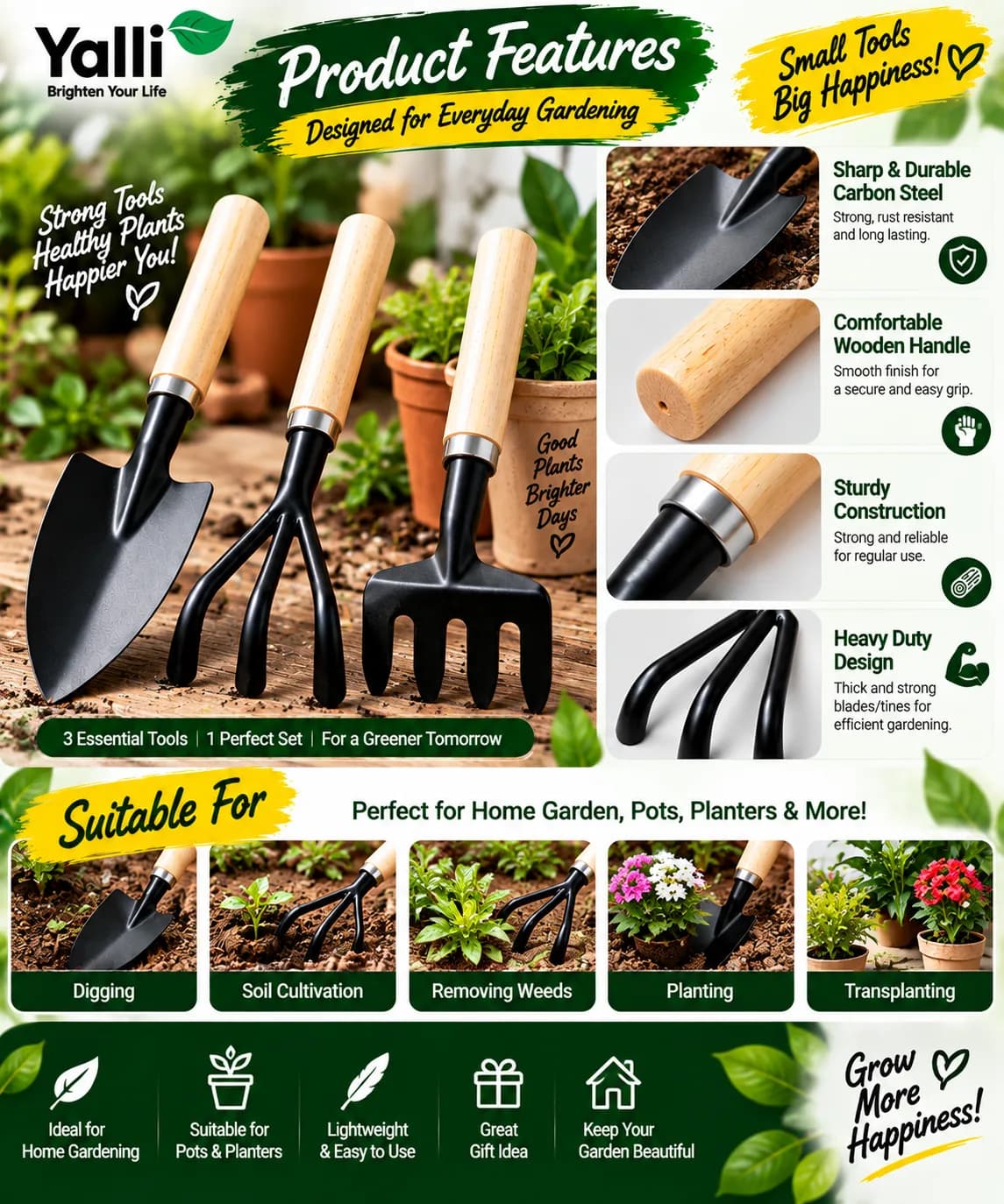 3 Pcs Garden Tool Set – Hand Trowel, Cultivator & Garden Fork 4