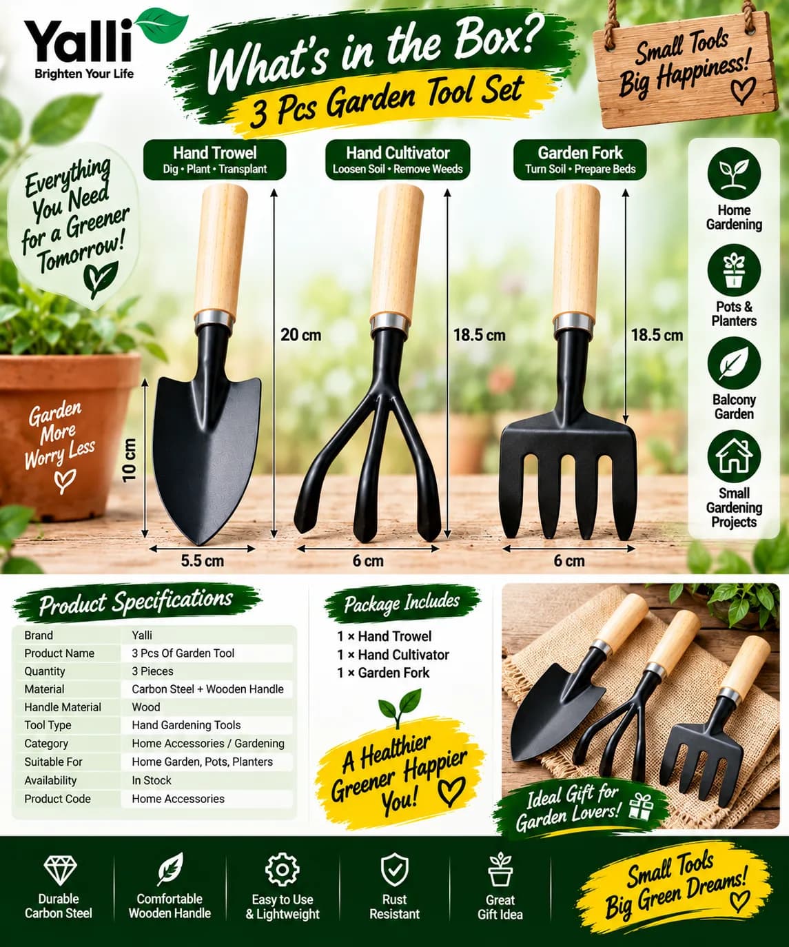 3 Pcs Garden Tool Set – Hand Trowel, Cultivator & Garden Fork 5