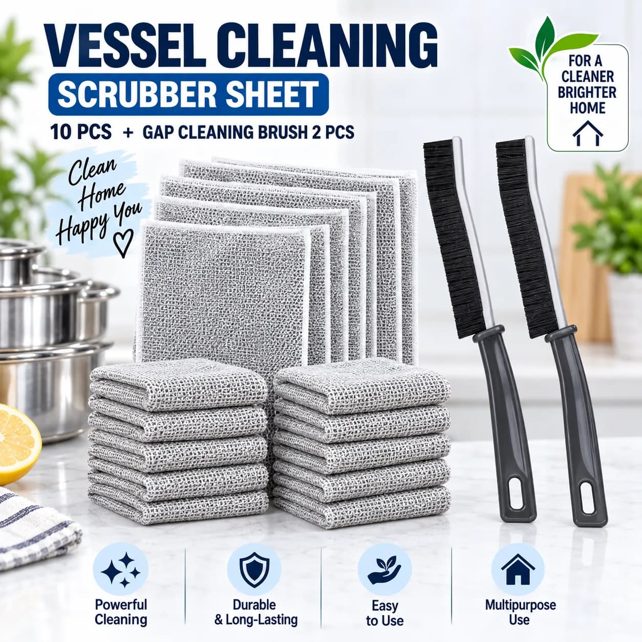 Vessel Cleaning Scrubber Sheet (10 Pcs) + Gap Cleaning Brush (2 Pcs)