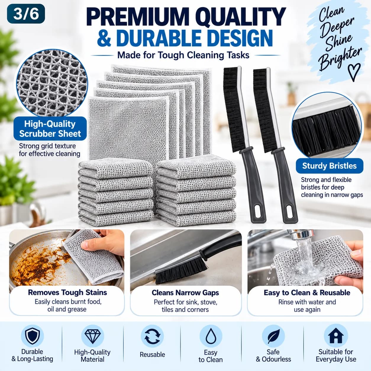 Vessel Cleaning Scrubber Sheet (10 Pcs) + Gap Cleaning Brush (2 Pcs) 6