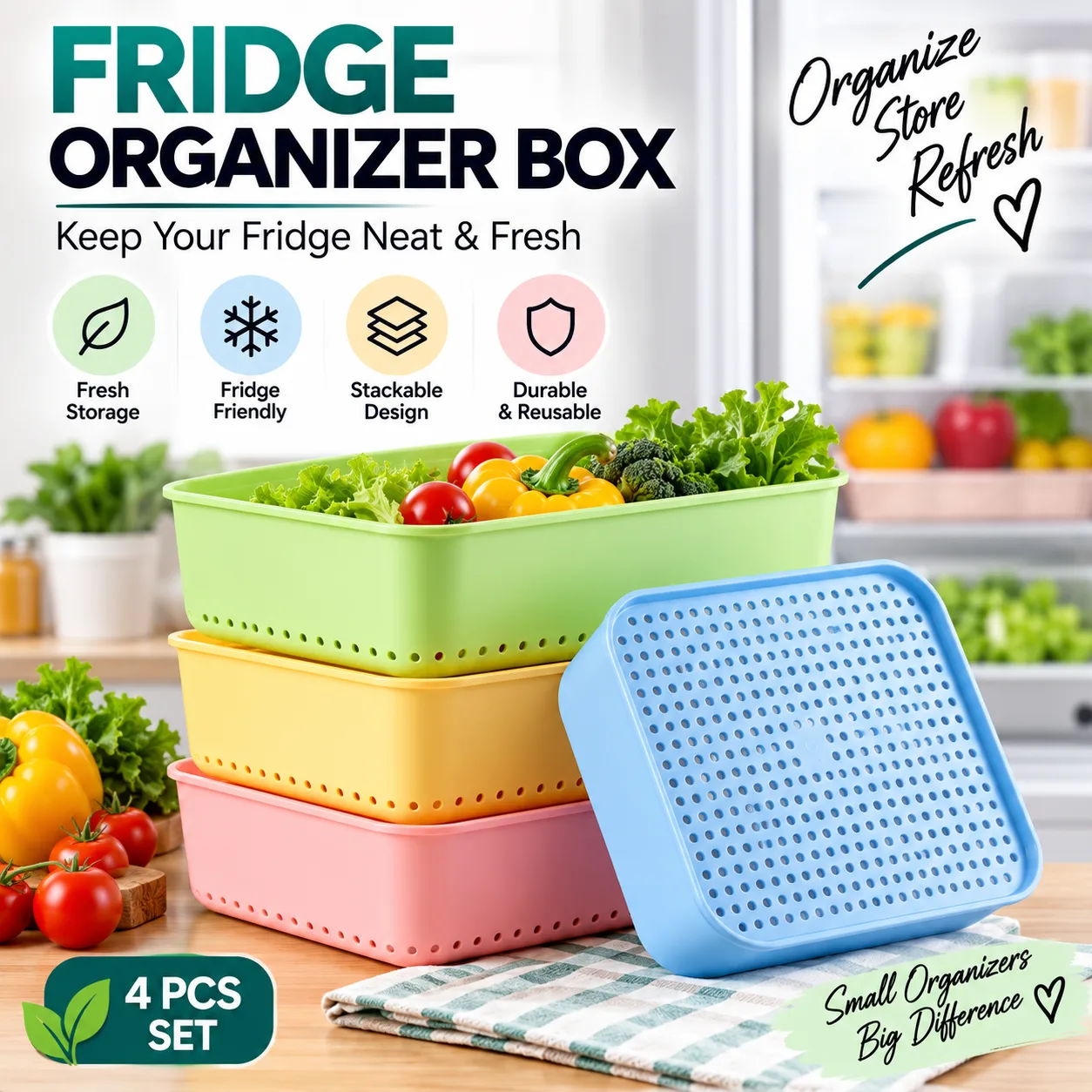 Fridge Organizer Box – 4 Pcs Set with Ventilation Holes
