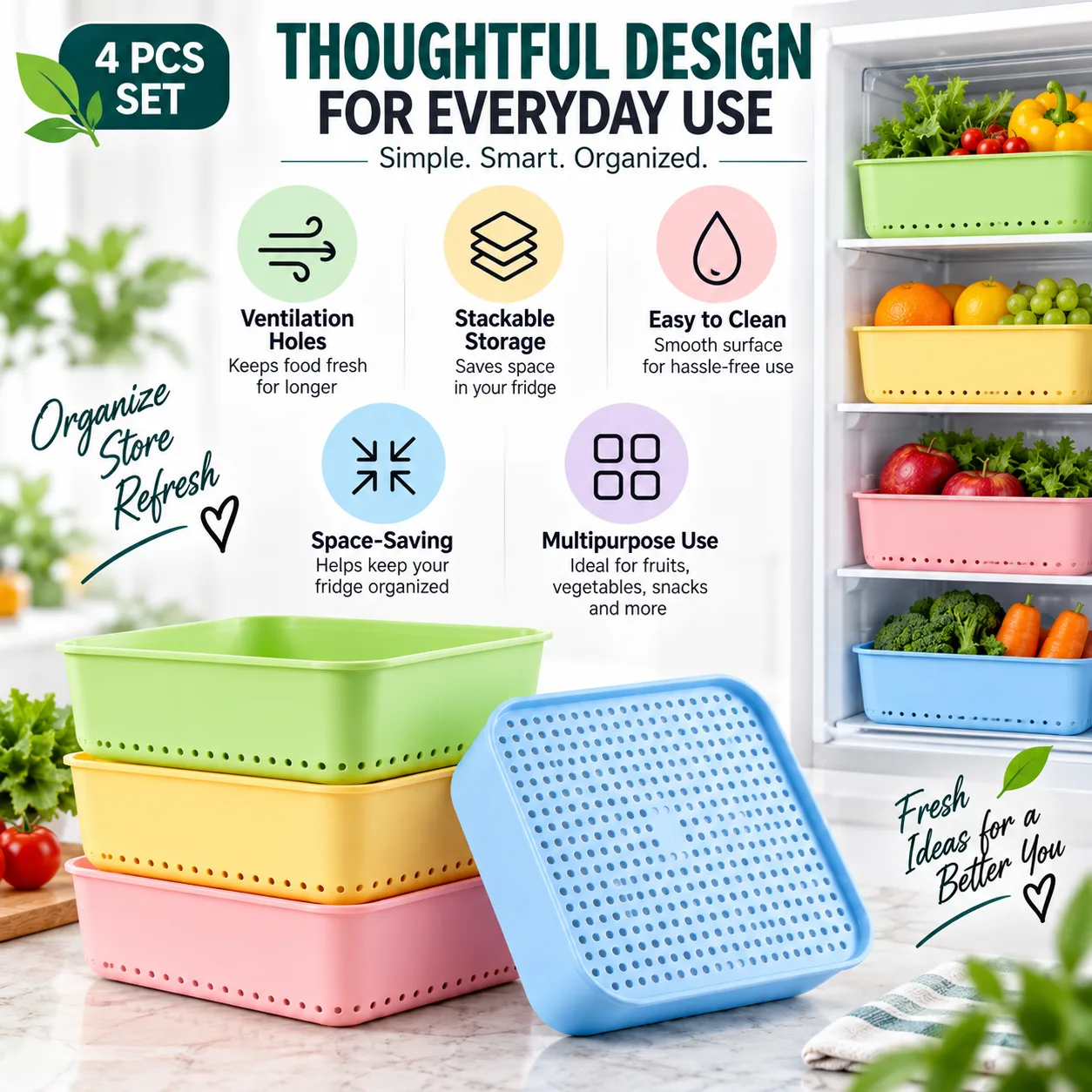 Fridge Organizer Box – 4 Pcs Set with Ventilation Holes 3