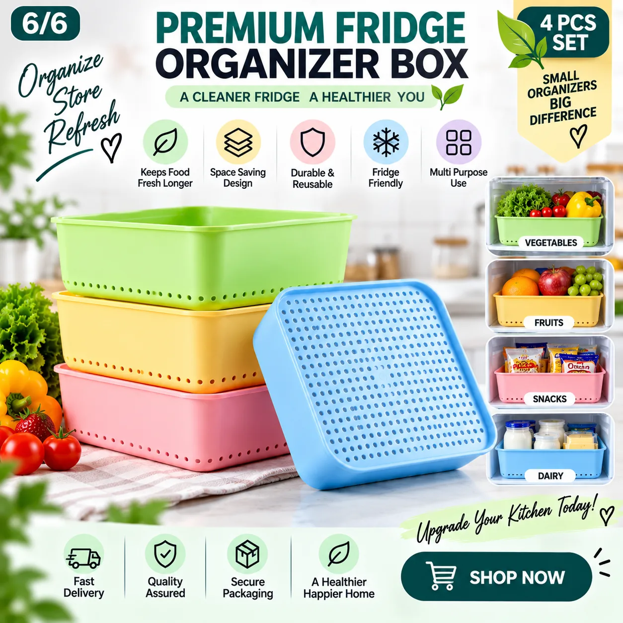 Fridge Organizer Box – 4 Pcs Set with Ventilation Holes 6