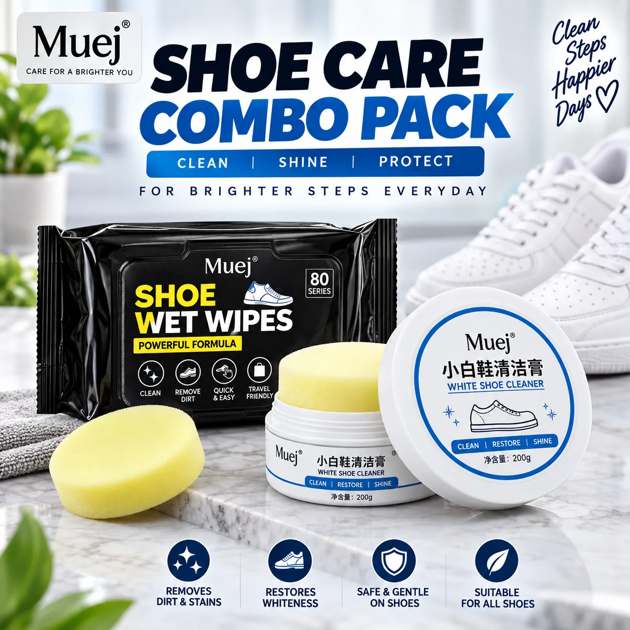Shoe Care Cleaning Combo – White Shoe Cleaner + 80 Series Wet Wipes