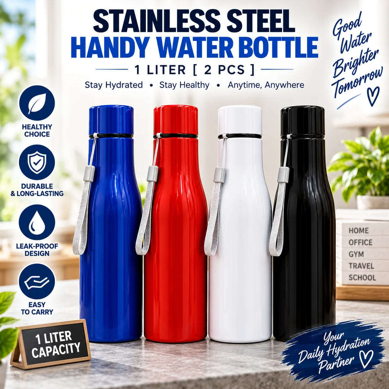 Stainless Steel Handy Water Bottle – 1 Liter | 2 Pcs