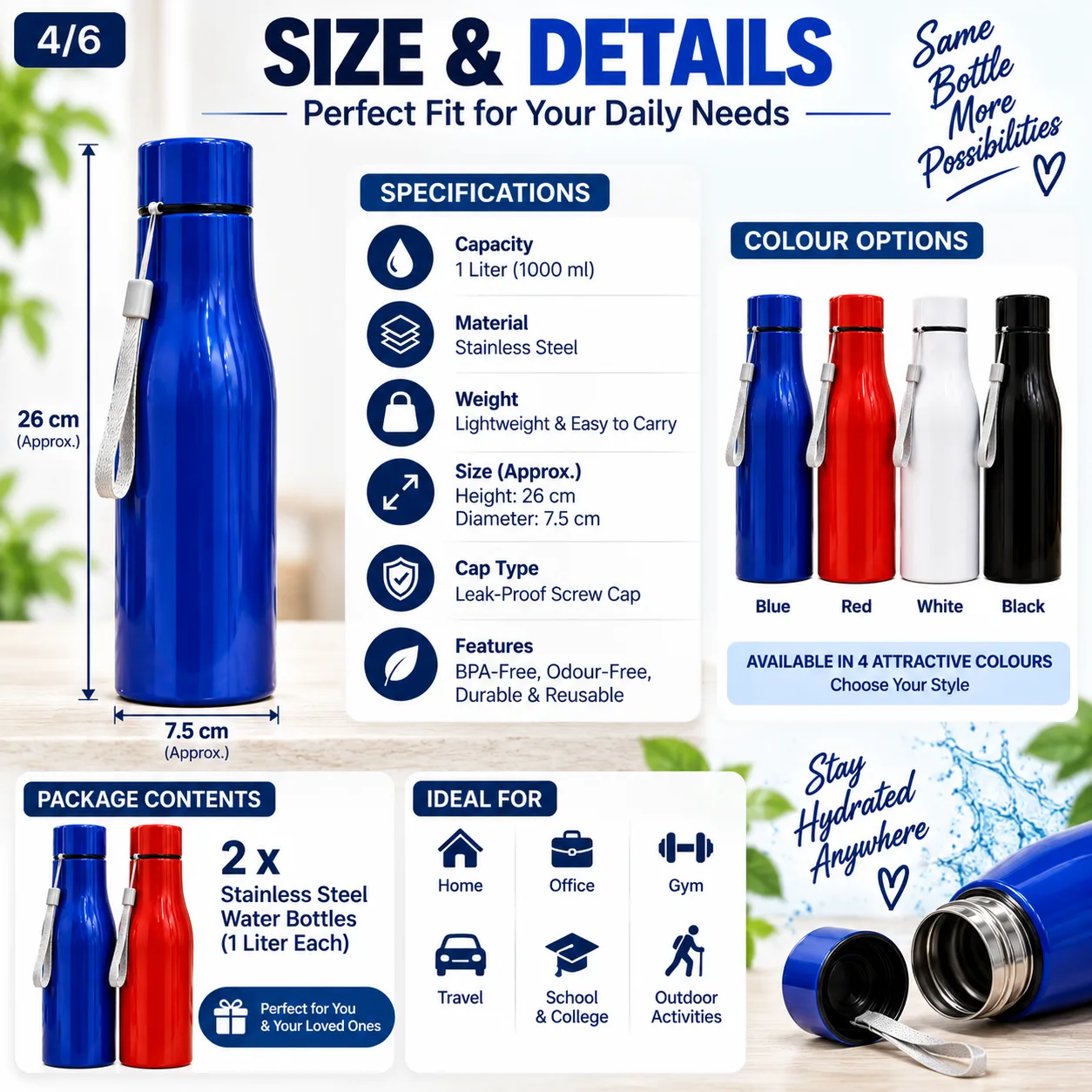 Stainless Steel Handy Water Bottle – 1 Liter | 2 Pcs 3