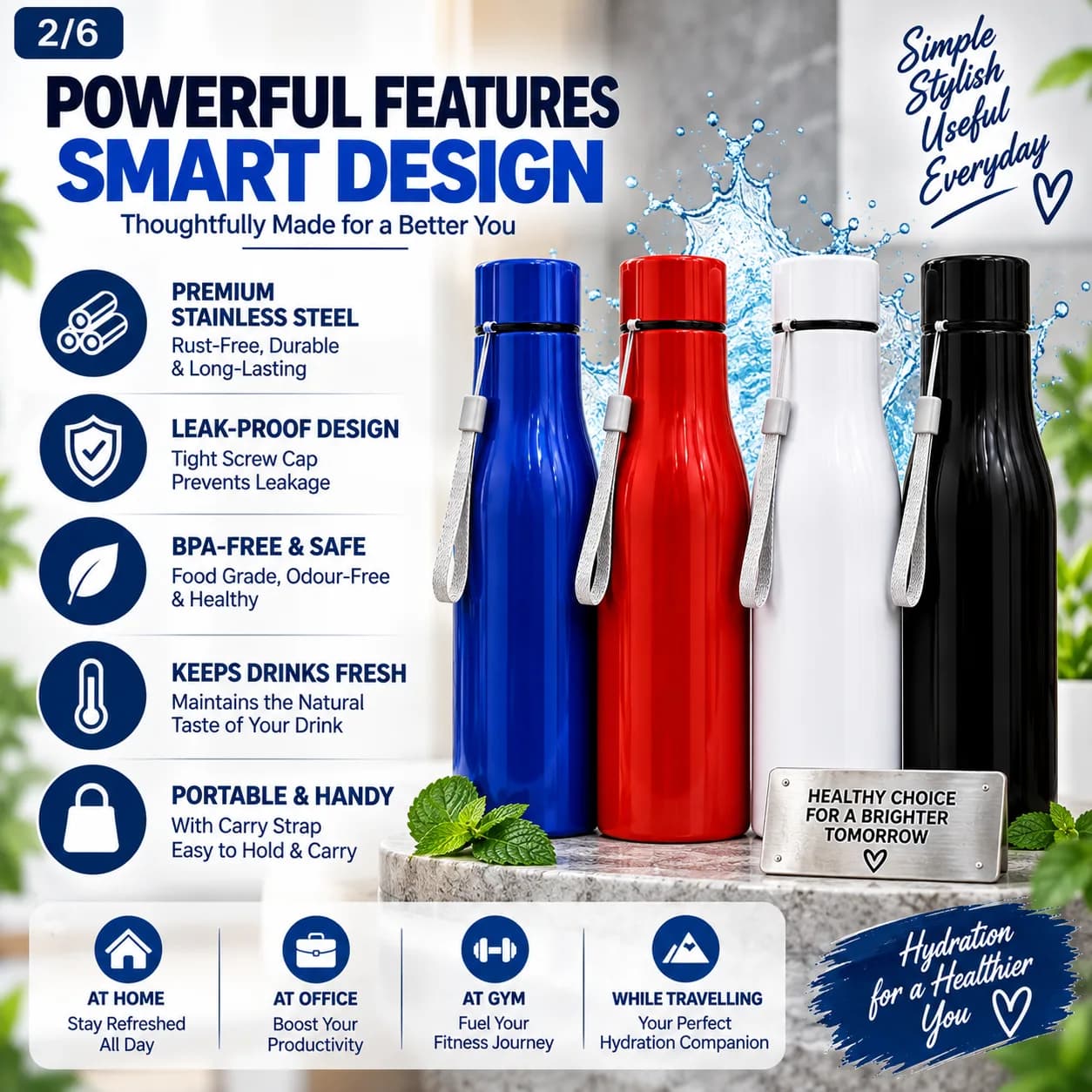 Stainless Steel Handy Water Bottle – 1 Liter | 2 Pcs 2