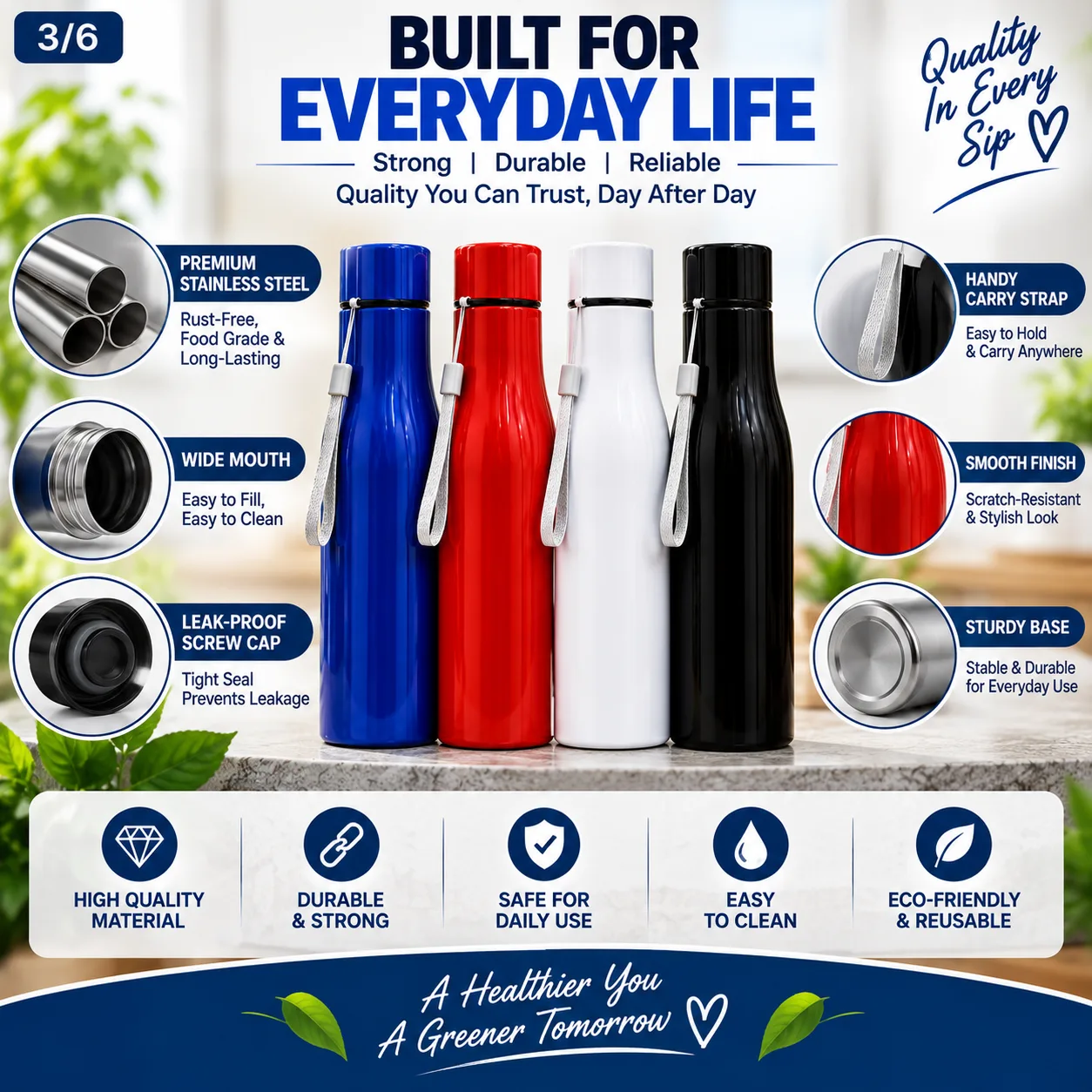 Stainless Steel Handy Water Bottle – 1 Liter | 2 Pcs 5