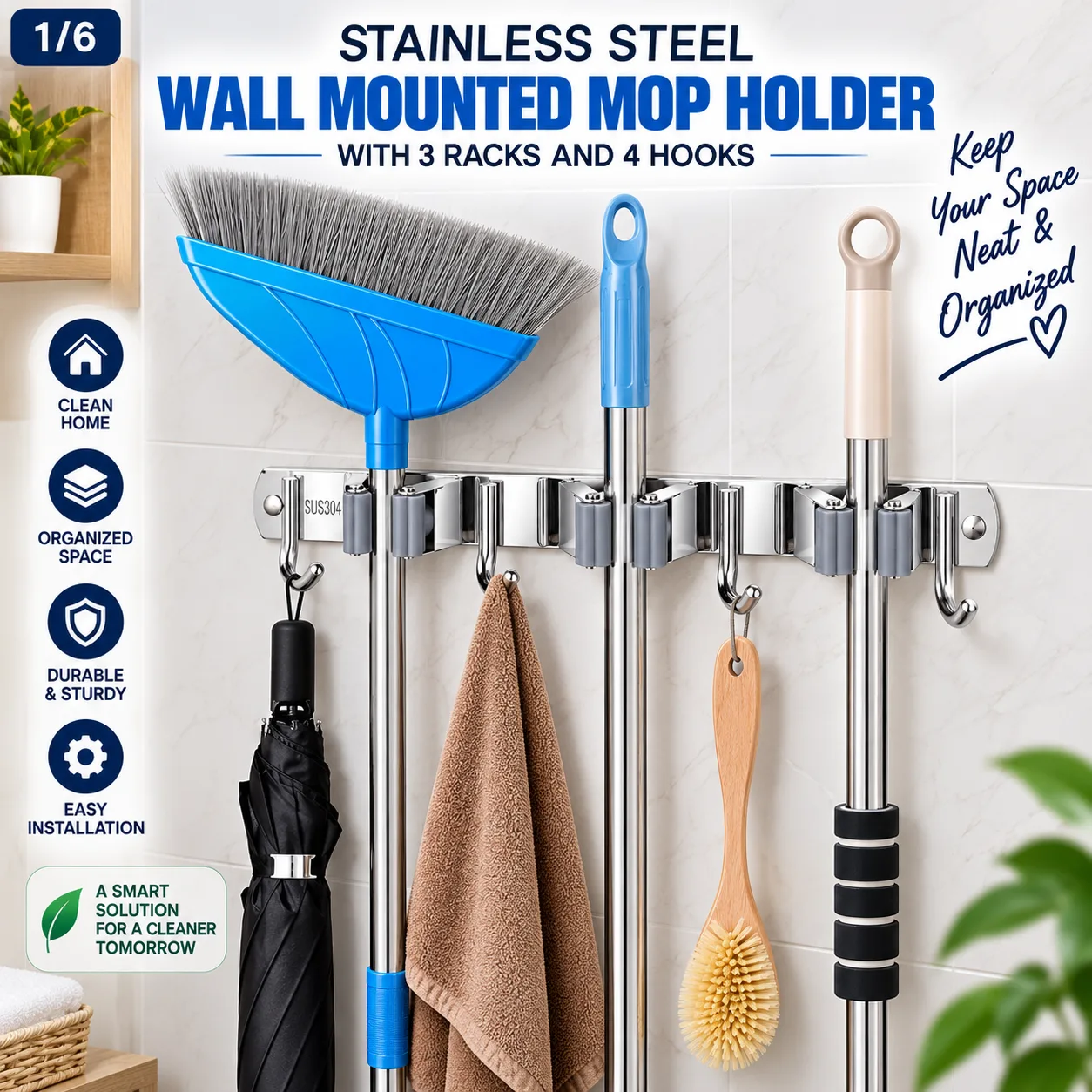 Stainless Steel Wall Mounted Mop Holder – 3 Racks & 4 Hooks