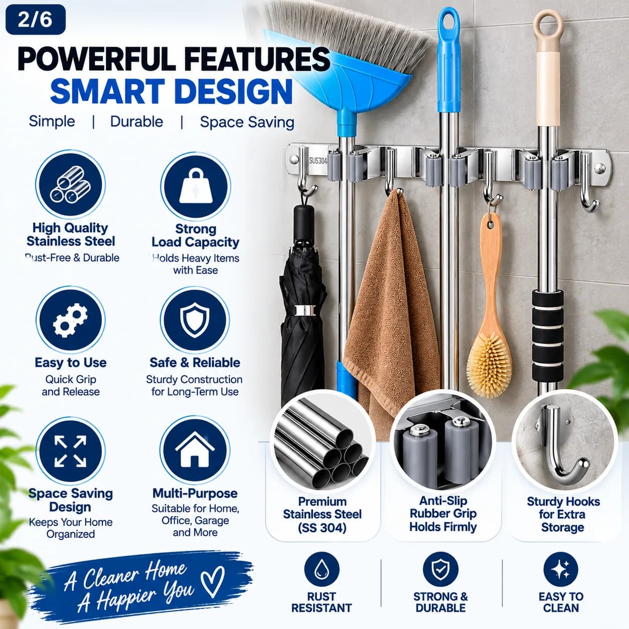 Stainless Steel Wall Mounted Mop Holder – 3 Racks & 4 Hooks 3
