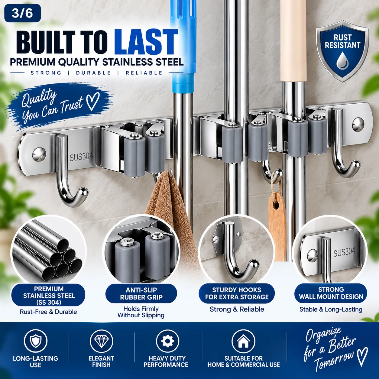 Stainless Steel Wall Mounted Mop Holder – 3 Racks & 4 Hooks 5
