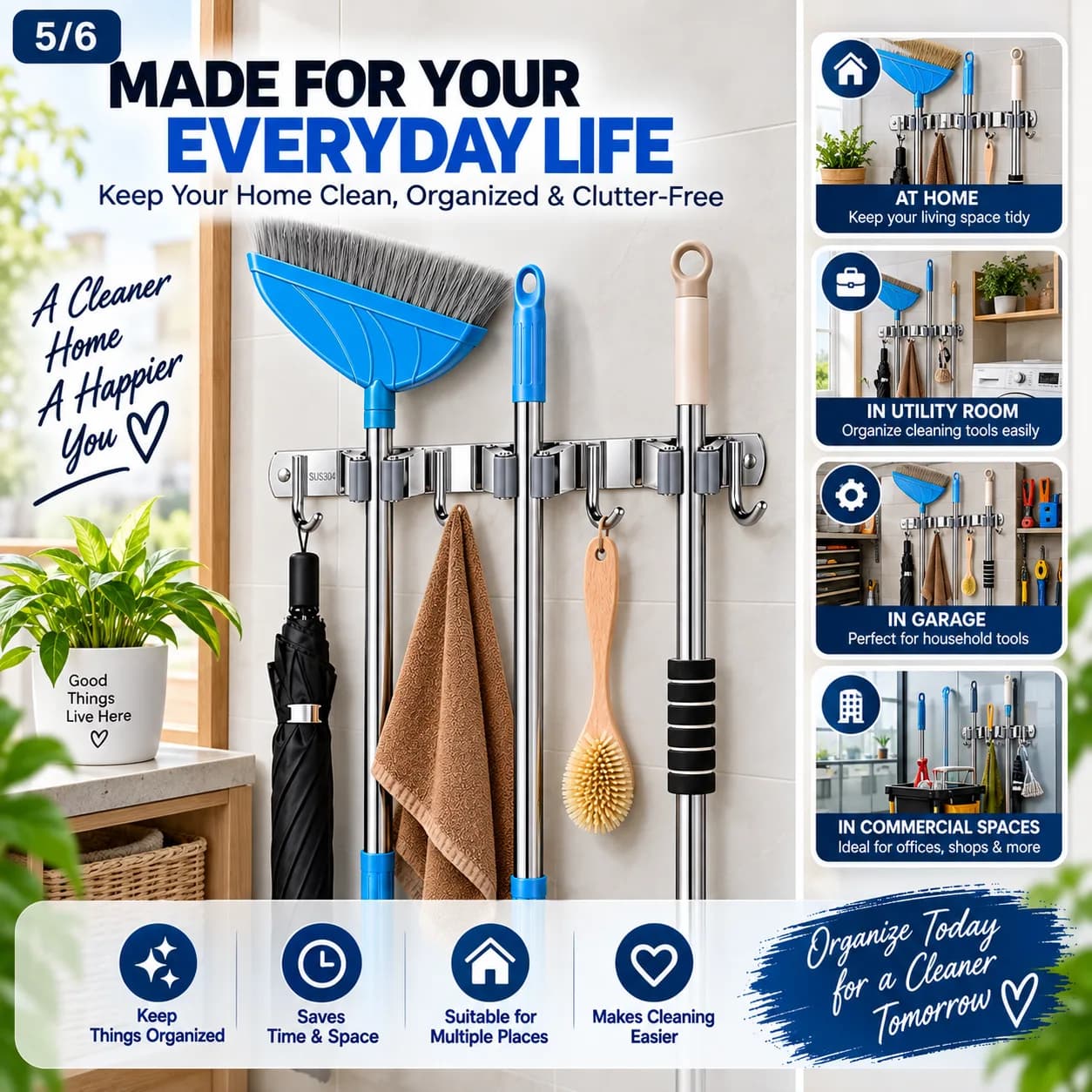 Stainless Steel Wall Mounted Mop Holder – 3 Racks & 4 Hooks 4