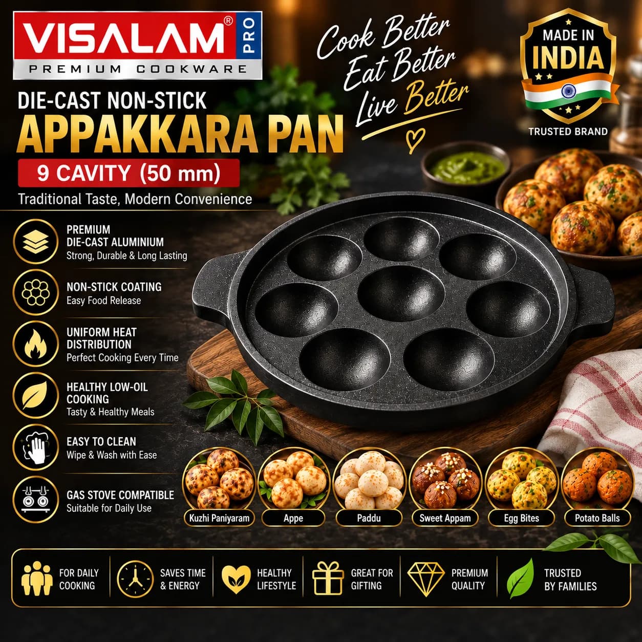 VISALAM PRO Die-Cast Non-Stick Appakkara / Kuzhi Paniyaram Pan 4