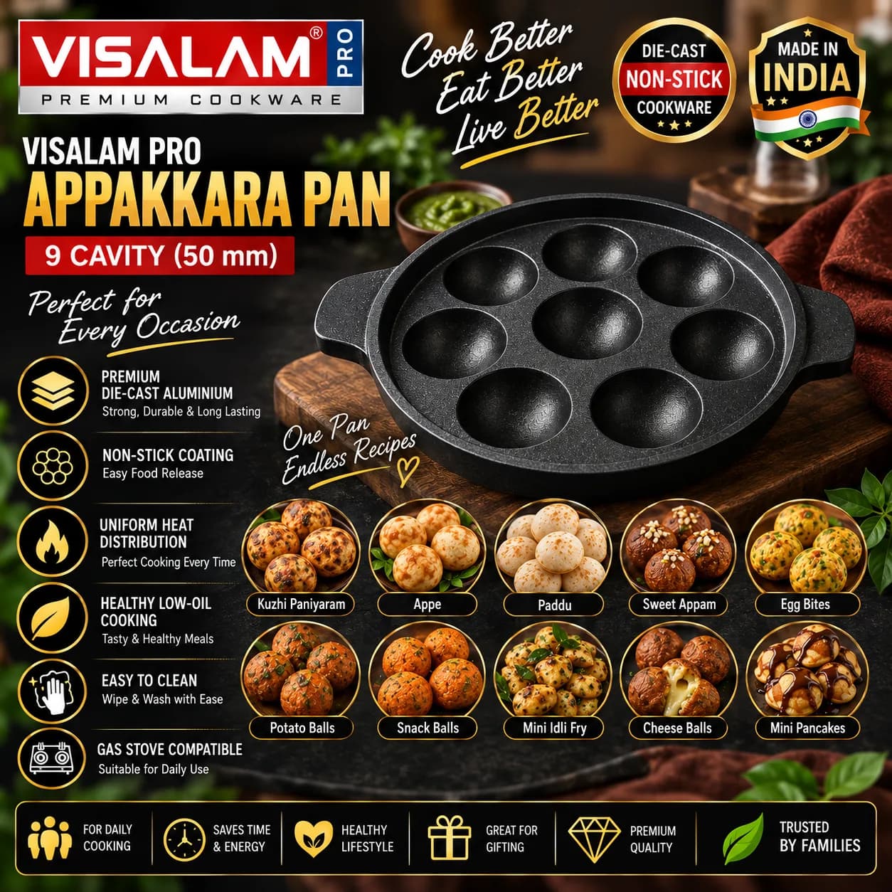 VISALAM PRO Die-Cast Non-Stick Appakkara / Kuzhi Paniyaram Pan 5
