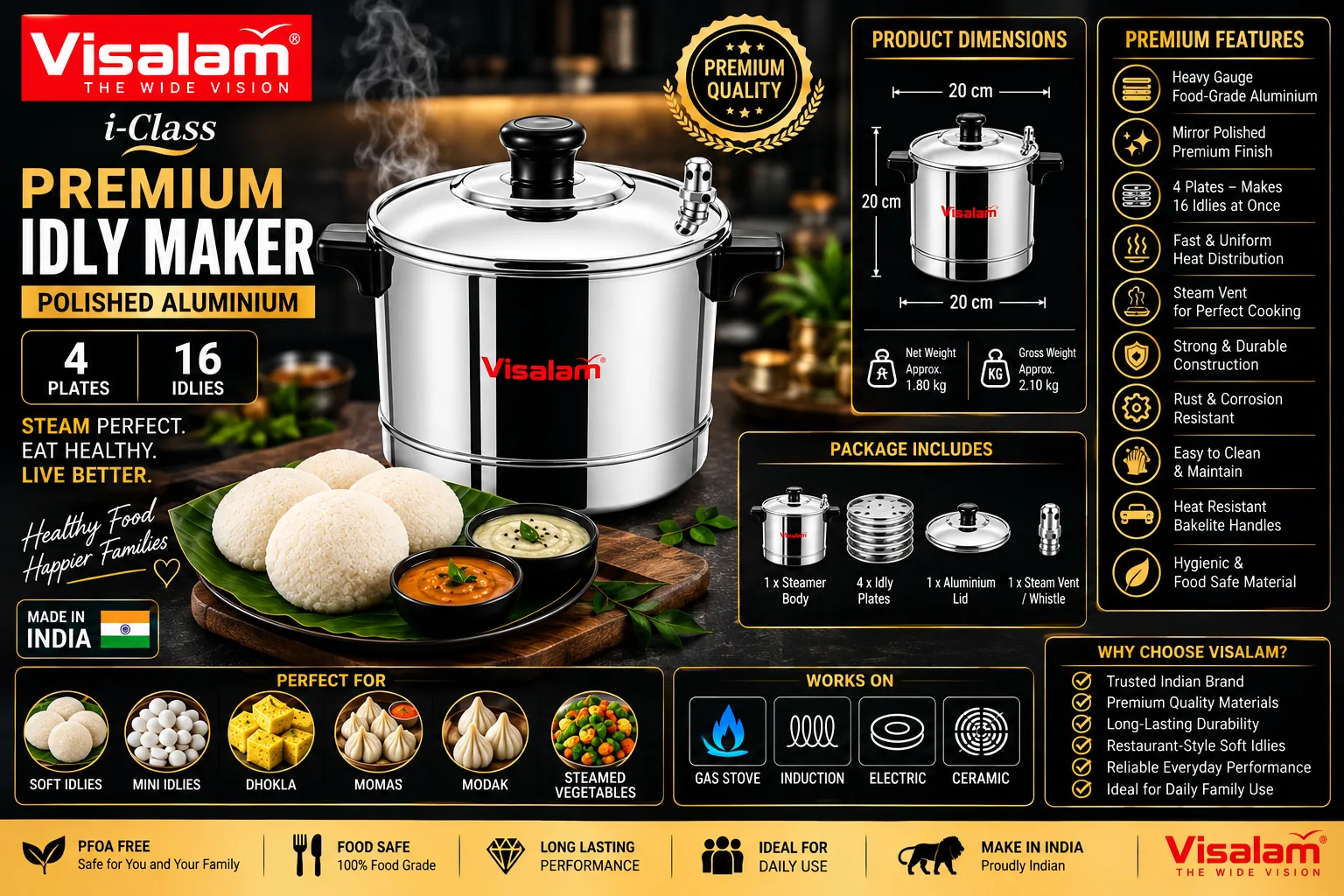 Visalam i-Class Premium Idly Maker – 4 Plates, 16 Idlies 2
