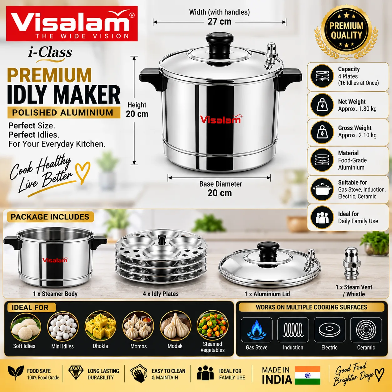 Visalam i-Class Premium Idly Maker – 4 Plates, 16 Idlies 3