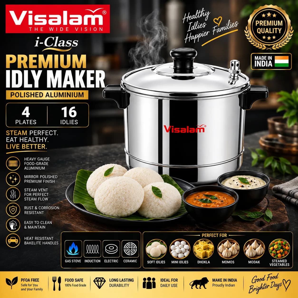 Visalam i-Class Premium Idly Maker – 4 Plates, 16 Idlies