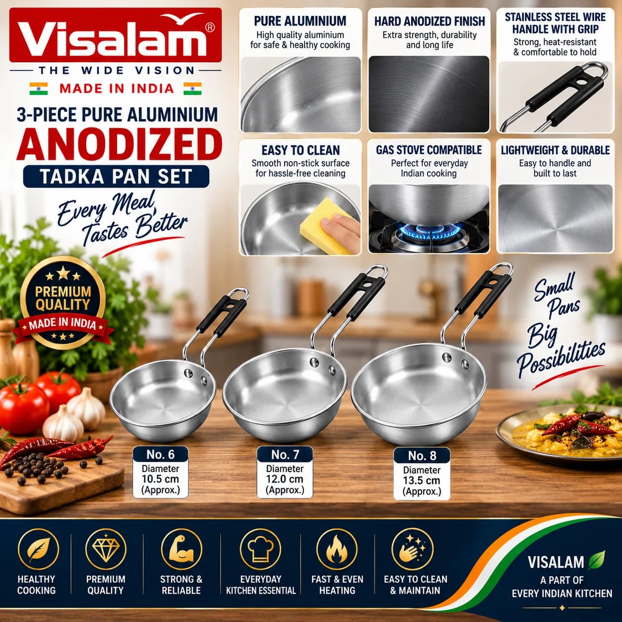 Visalam 3-Piece Anodized Tadka Pan Set