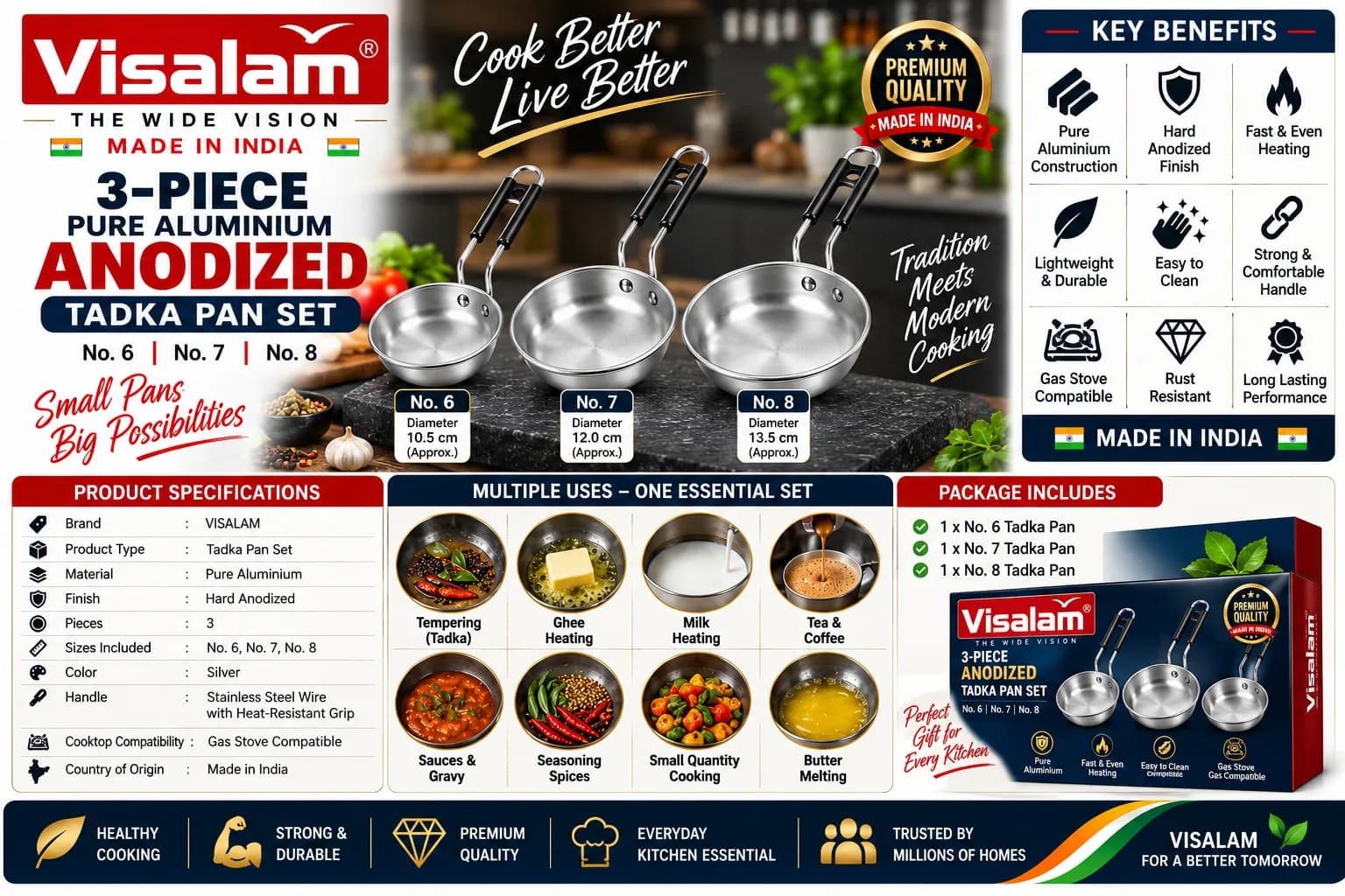 Visalam 3-Piece Anodized Tadka Pan Set 2