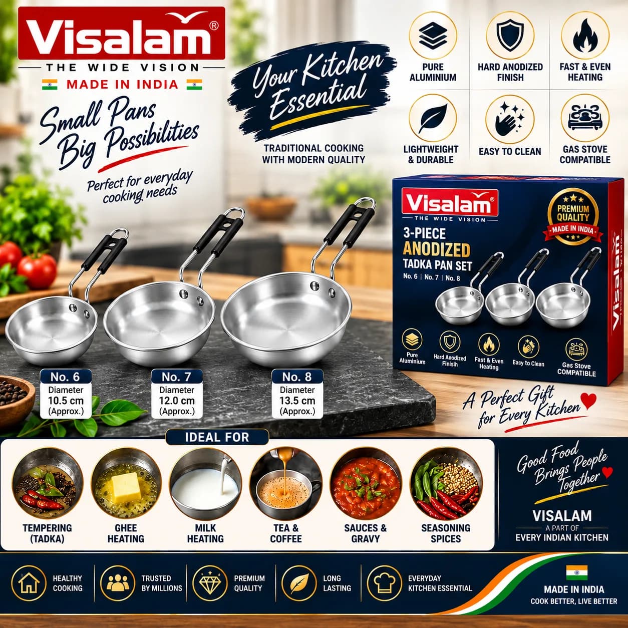 Visalam 3-Piece Anodized Tadka Pan Set 3