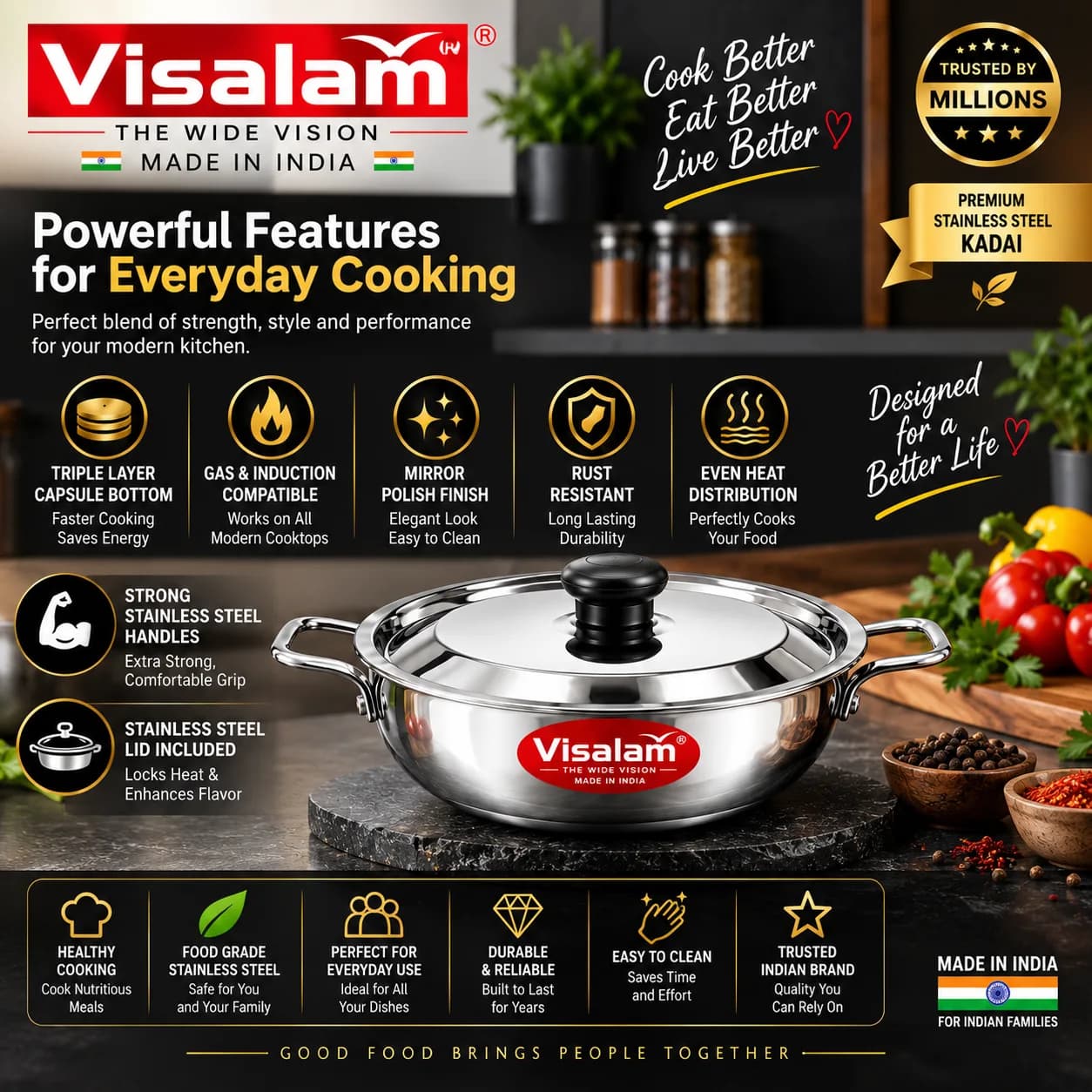 Visalam 24 cm Stainless Steel Kadai with SS Lid 4