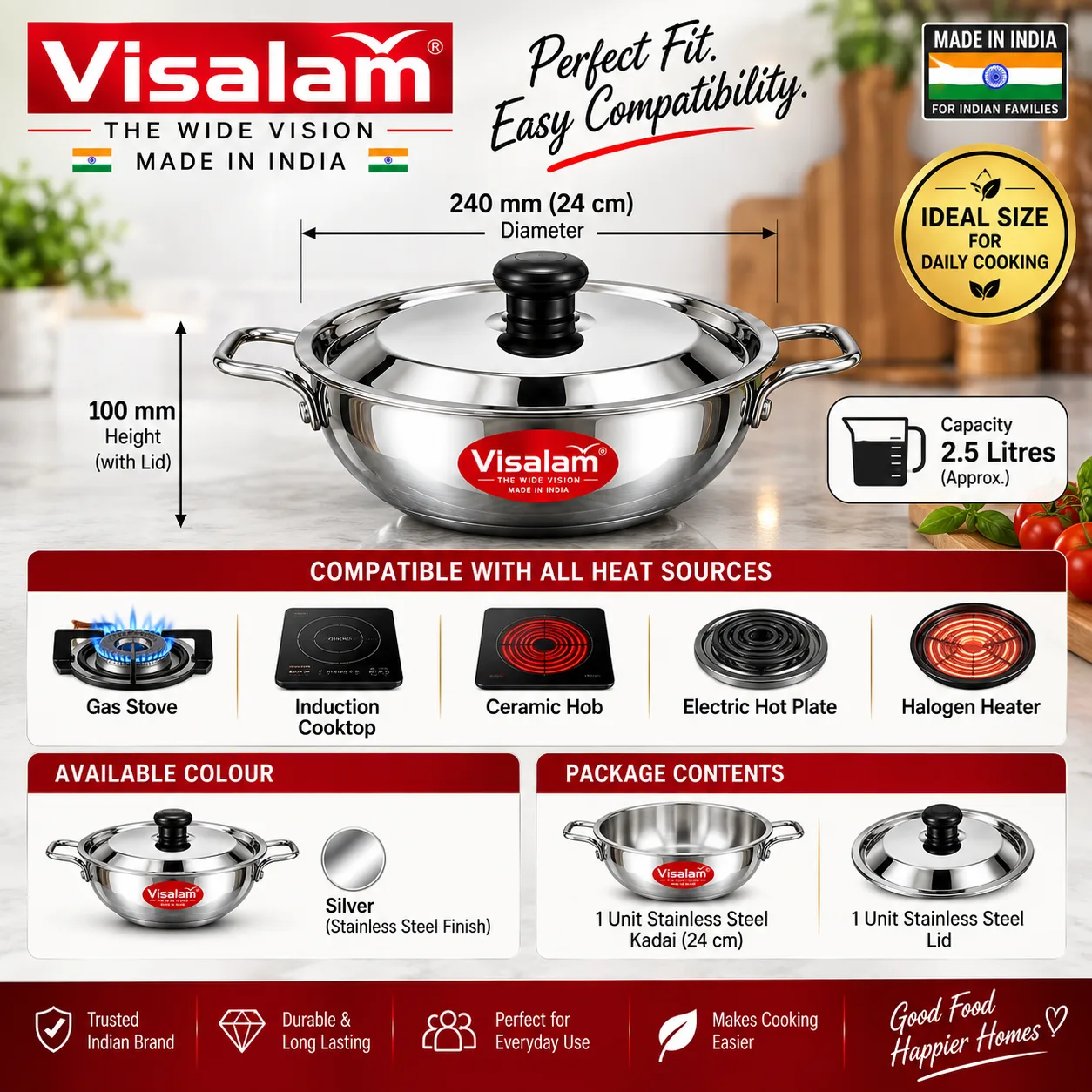 Visalam 24 cm Stainless Steel Kadai with SS Lid 2