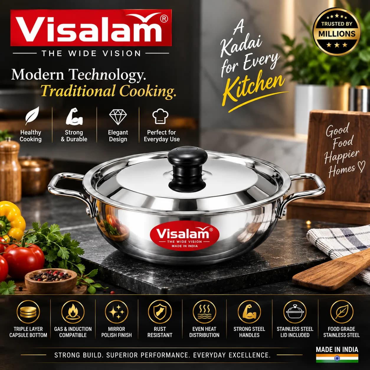 Visalam 24 cm Stainless Steel Kadai with SS Lid