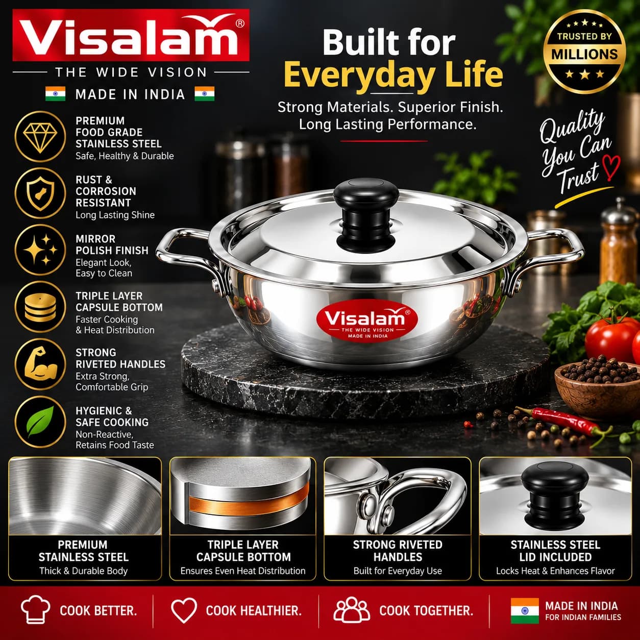 Visalam 24 cm Stainless Steel Kadai with SS Lid 5
