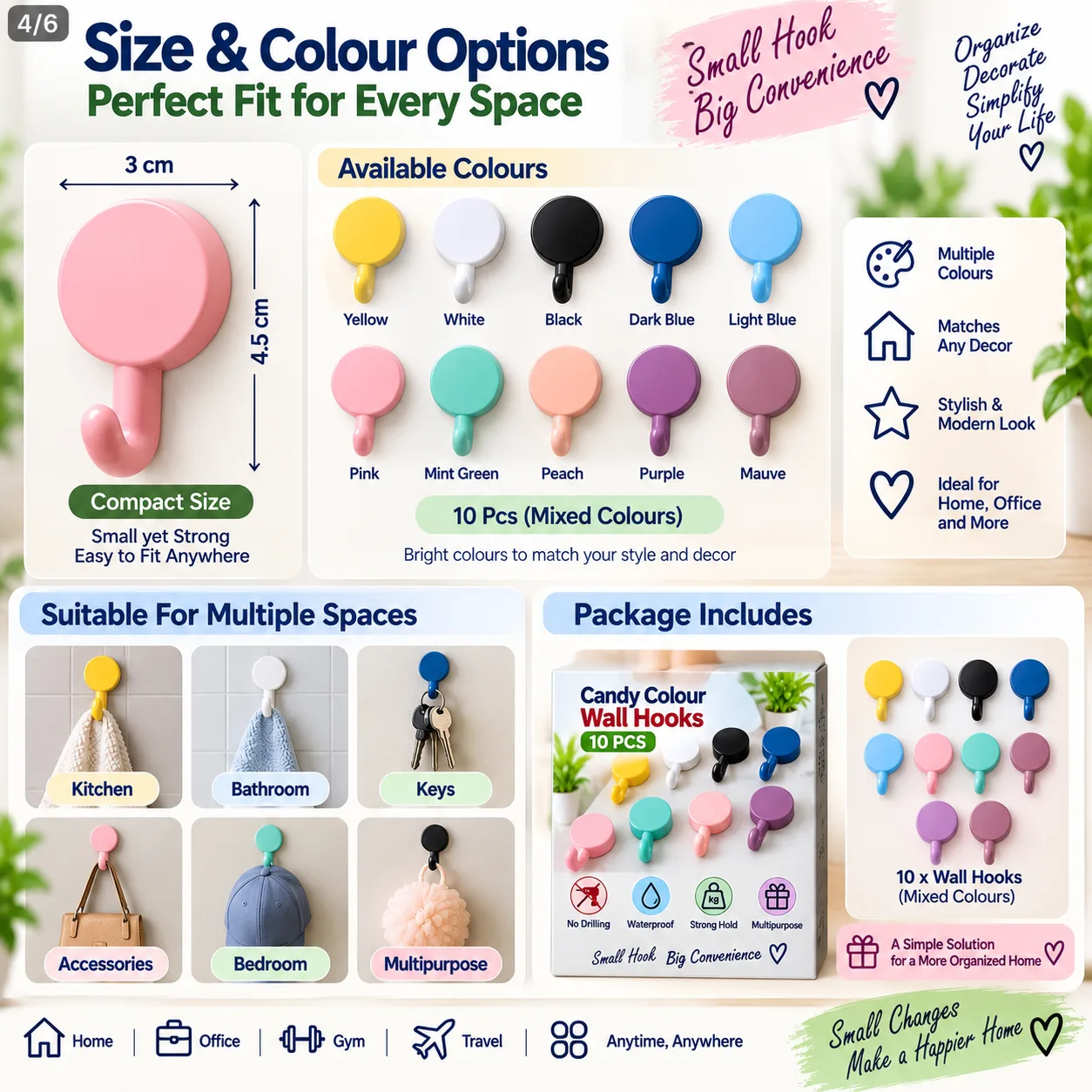 Candy Colour Wall Hooks – 10 Pcs 2