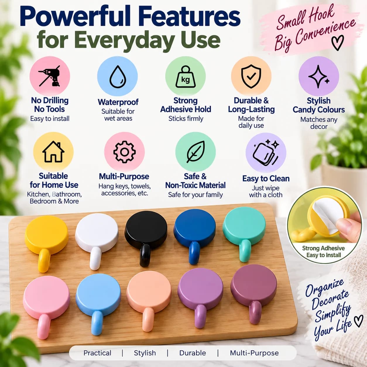 Candy Colour Wall Hooks – 10 Pcs 3