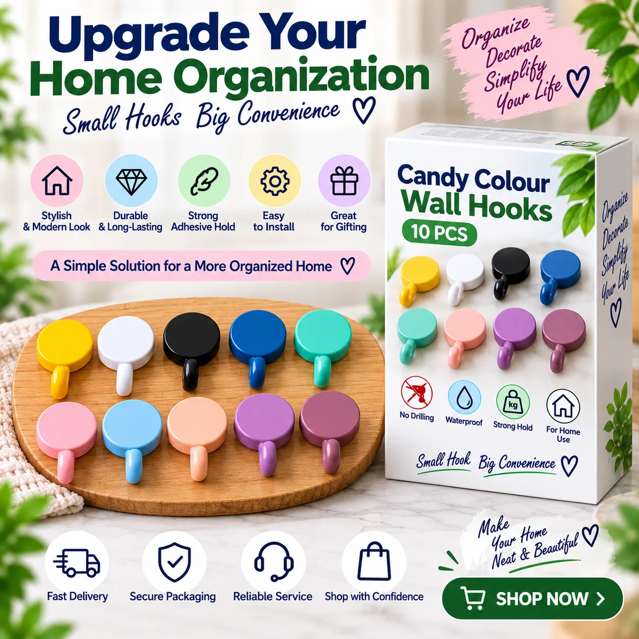 Candy Colour Wall Hooks – 10 Pcs