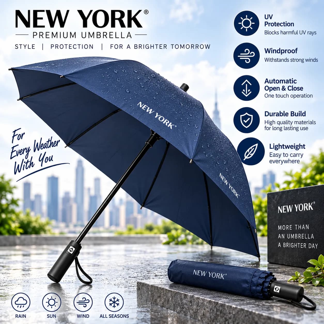 NEW YORK Premium Umbrella – Automatic Windproof Folding Umbrella